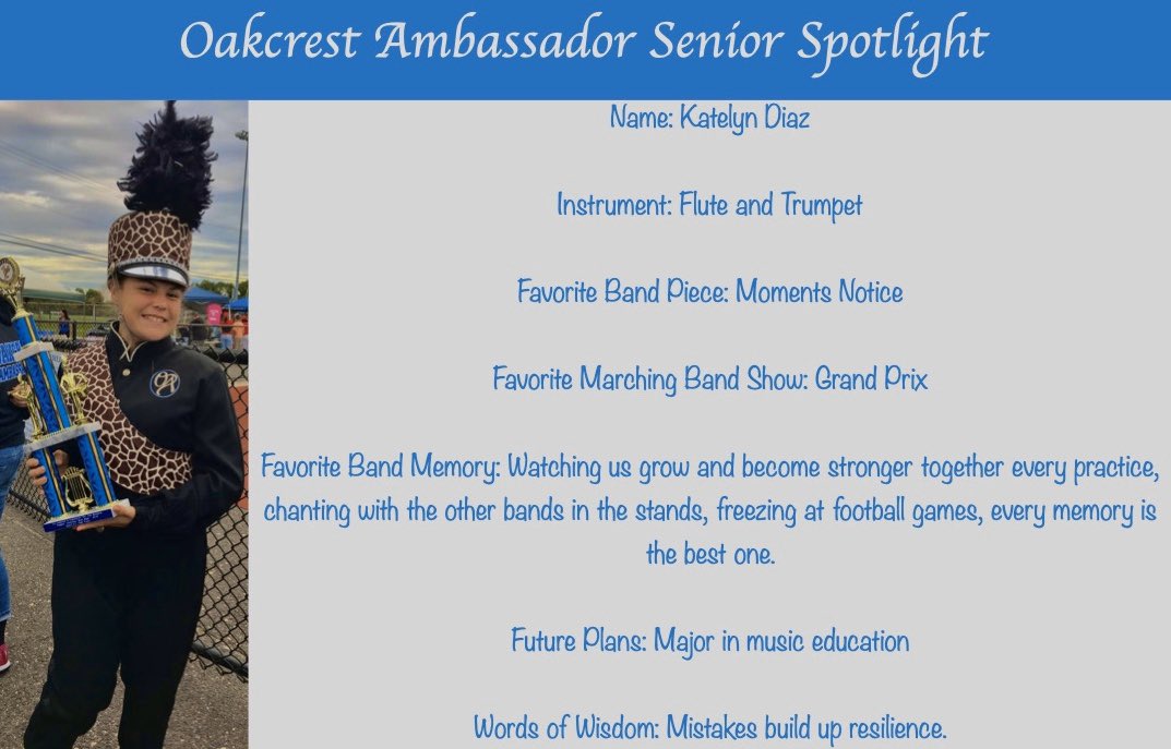 OHSMarching's tweet photo. Today’s @ohsmarching #SeniorSpotlight is our Brass Captain Katelyn Diaz. #classof2020🎓 https://t.co/fQhHV0Mxhq
