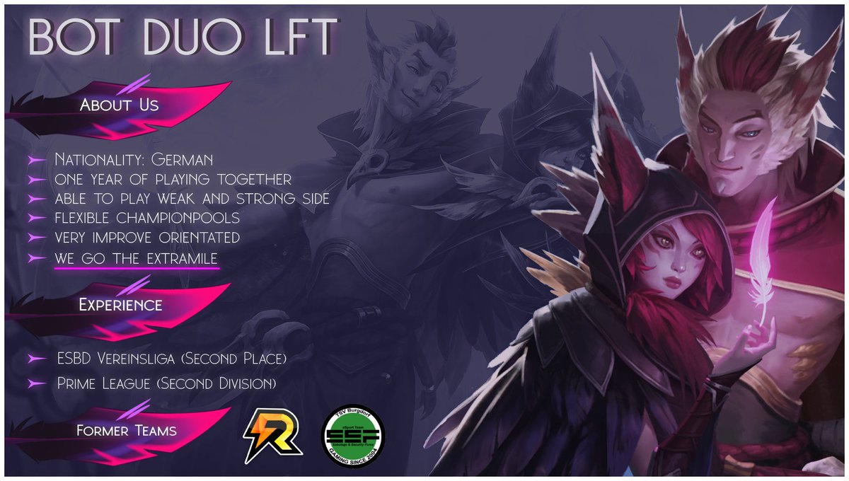 Wir sind LFT. <a href="/Leucit/">Greed</a> und ich sind auf die Botlane geswapped und suchen ein neues zuhause. Wir sind noch nicht da wo wir hin wollen arbeiten aber stetig daran besser zu werden.
RT = ❤️
DMs = Open
References = <a href="/hobby_gg/">Dr HobbyGG</a> , <a href="/toast_amazing/">Amazing_Toast</a> 
Grafik = <a href="/Latituder_/">Latituder</a>