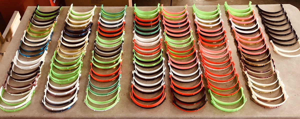Happy Friday! Any want to take a guess how many visors are here on the table? These visors will be getting a shield and then be ready to be shipped. #PPENow #sdedchat #tlap #edchat #mnlead #iaedchat