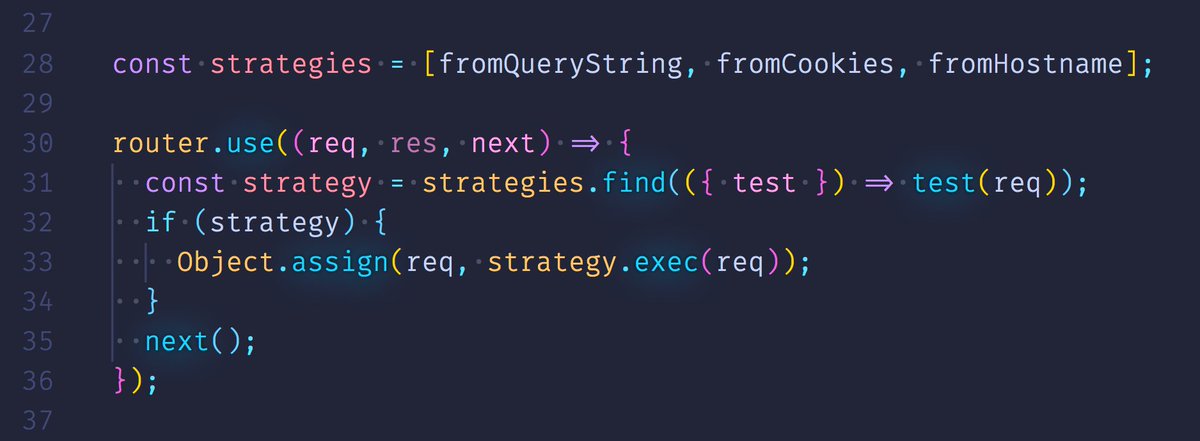 joelnet's tweet image. 💡TIP: The strategy pattern can be used to replace complex if/else logic
This real world example finds IDs from the querystring, cookies, or hostname.
Using this pattern, it is easy to add new strategies.
It is also easy to test each strategy.
#javascript #100DaysOfCode