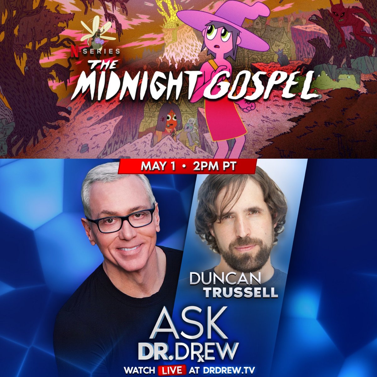 Don’t miss this amazing live show today at 2pm PT. #ASKDRDREW with <a href="/midnightg0spel/">themidnightgospel</a> creator, <a href="/duncantrussell/">Duncan Trussell</a> and Glasses Man. See you there!!!! #love #themidnightgospel #life #laughter got to youtube.com/drdrew facebook.com/drdrew or @Drdrew periscope!