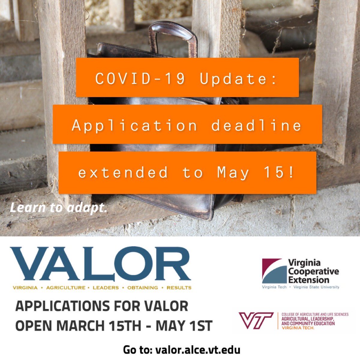 VALOR team (@valeadersor) on Twitter photo @valeadersor application deadline extended to May 15. Contact <a href="/mmseibel/">Megan Ibach Seibel</a> with questions. #agleaders @VCE_news <a href="/VTCals/">Virginia Tech CALS</a> <a href="/VAFBYoungFarmer/">VAFB Young Farmers</a> <a href="/vafbnews/">Virginia Farm Bureau</a> <a href="/VACoopCouncil/">VirginiaCoopCouncil</a> <a href="/VaAgriculture/">VDACS</a> <a href="/AgForestryVA/">Matthew Lohr</a> <a href="/FarmCreditVAs/">Farm Credit of the Virginias</a> <a href="/VaAgriBiz/">Agribusiness Council</a> @valeadersor application deadline extended to May 15. Contact <a href="/mmseibel/">Megan Ibach Seibel</a> with questions. #agleaders @VCE_news <a href="/VTCals/">Virginia Tech CALS</a> <a href="/VAFBYoungFarmer/">VAFB Young Farmers</a> <a href="/vafbnews/">Virginia Farm Bureau</a> <a href="/VACoopCouncil/">VirginiaCoopCouncil</a> <a href="/VaAgriculture/">VDACS</a> <a href="/AgForestryVA/">Matthew Lohr</a> <a href="/FarmCreditVAs/">Farm Credit of the Virginias</a> <a href="/VaAgriBiz/">Agribusiness Council</a>