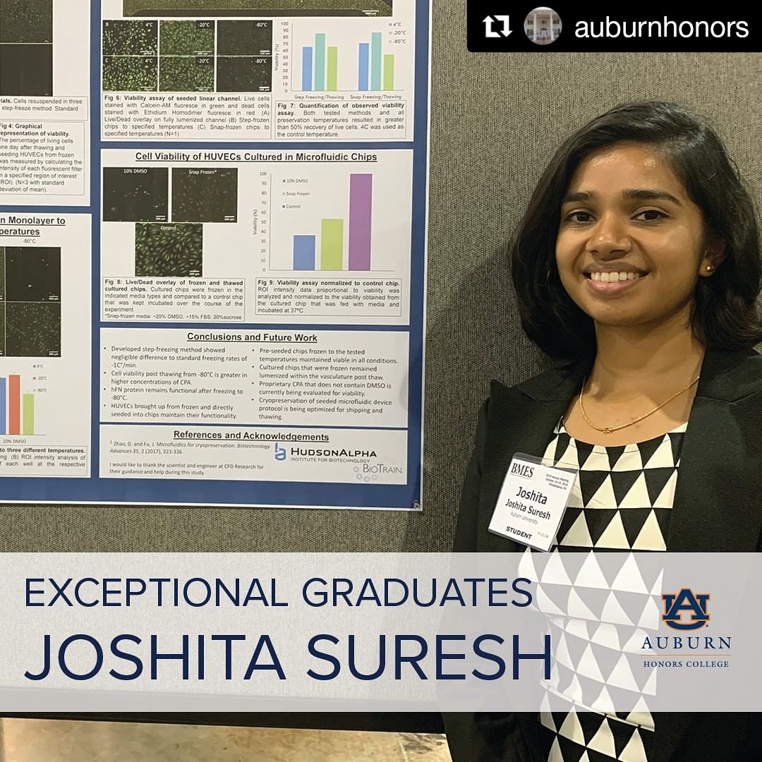 LipkeLab's tweet image. We are so proud of senior undergraduate researcher, Joshita Suresh, for her substantial contributions to our lab throughout the past four years! Joshita was also part of the honors college and was named an exceptional graduate of the 2020 class. #thelipkelab #auburnengineering