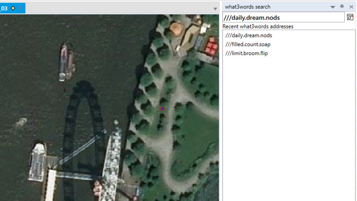 Screen grab of MapInfo showing user searching for a what3words address