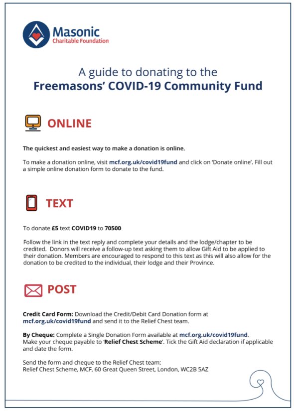 Charity is central to Freemasonry. 

<a href="/Masonic_Charity/">Masonic Charitable Foundation</a> have established the Freemasons’ COVID-19 Community Fund and will match donations made to the Fund, up to a total of £1 million 👉🏻 mcf.org.uk/covid19fund

1/2