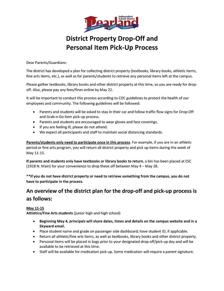 PearlandISD's tweet photo. Attention parents: Earlier today, we sent an email with information regarding a plan for collecting district property, as well as for parents/students to retrieve any personal items left at the campus. Additional details will be sent out by our school principals https://t.co/8LrY09GdiI