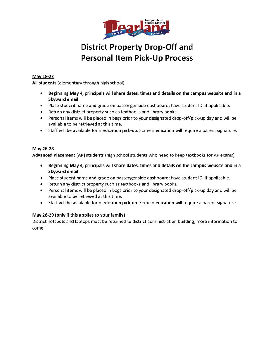 PearlandISD's tweet photo. Attention parents: Earlier today, we sent an email with information regarding a plan for collecting district property, as well as for parents/students to retrieve any personal items left at the campus. Additional details will be sent out by our school principals https://t.co/8LrY09GdiI