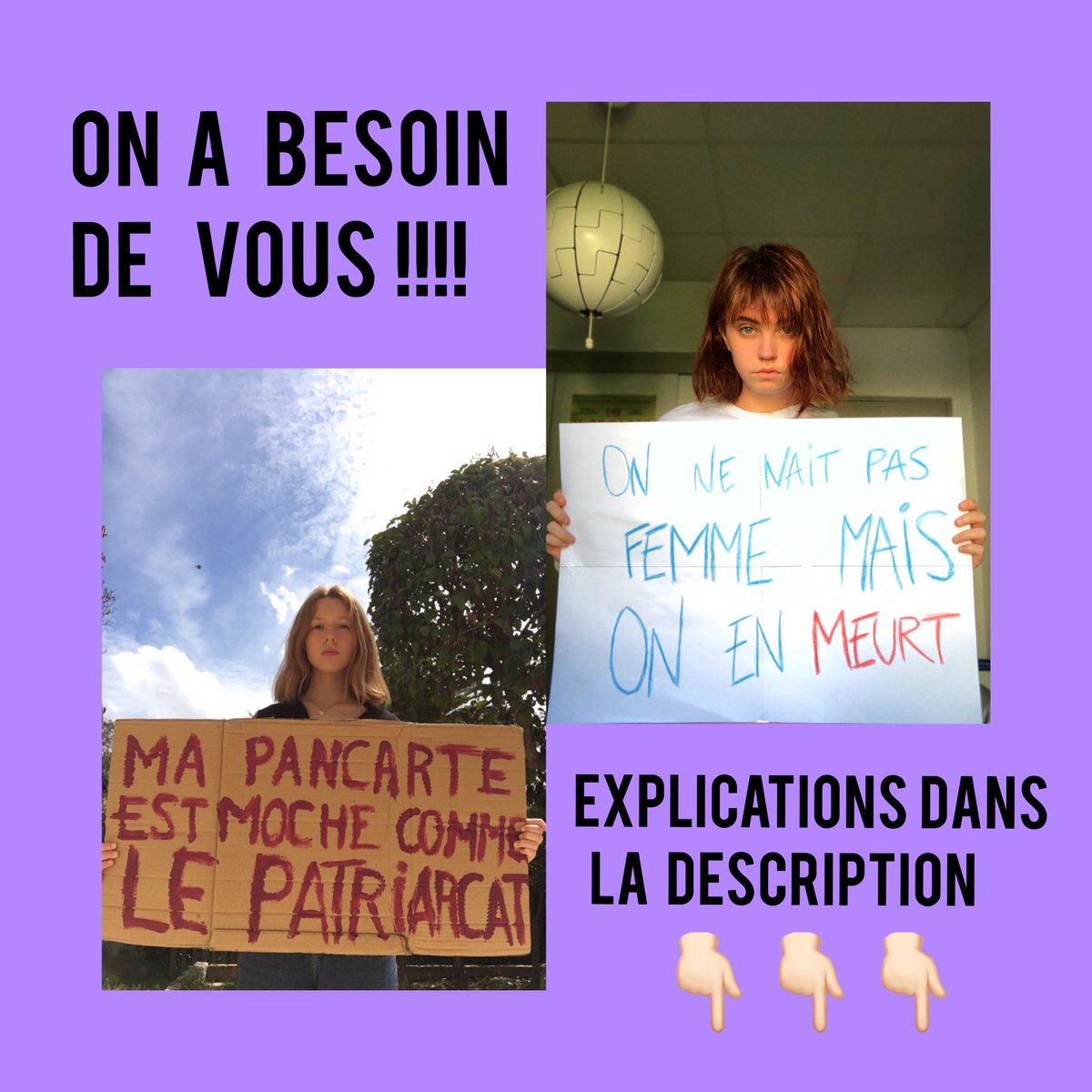 LEnragees's tweet photo. NOUVEAU PROJET 
Pour une vidéo de sensibilisation et pour lutter contre les violences vous pouvez nous envoyer une photo ou une courte vidéo de vous avec une pancarte ou une feuille A4 avec le slogan de votre choix. #1ermai2020 #Feministe #feminism https://t.co/0Ku9u1QnjG