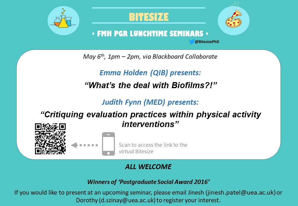 📢Save the date - 6th of May! Join us for the next Bitesize lunchtime seminar on Wednesday! Two exciting topics will be covered by @emmaraholden from @TheQuadram, and Judith Fynn from @UeaMed. 👌 @uniofeastanglia @ueasu_pg @UEA_Health @biouea