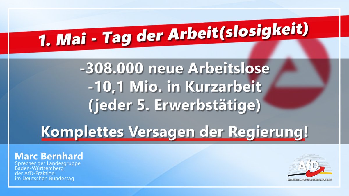 Neue Zahlen der #Bundesagentur für #Arbeit zum 1. Mai: Knapp jeder 5. in #Kurzarbeit! Frühjahrsprognose Bundesregierung: Rückgang #Wirtschaftsleistung um bis zu 6,3 %. Jede weitere Woche des #Stillstands potenziert immensen wirtschaftlichen #Schaden! #Bernhard