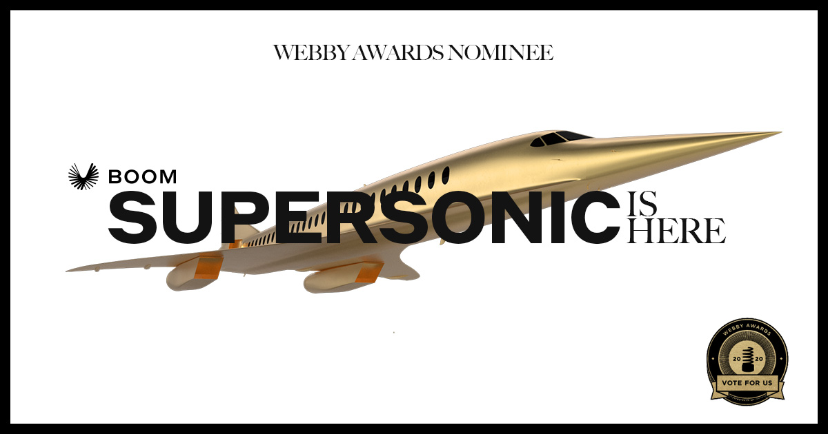 boomsupersonic's tweet photo. Boom is nominated for @TheWebbyAwards! Whether we’re bonding the fuselage or testing the wings, we've loved sharing the XB-1 build with you on our website. Please cast a vote and help us win. Voting is open to anyone, anywhere: https://t.co/IBQPvWn6VJ #avgeek https://t.co/pDgjpAxejb