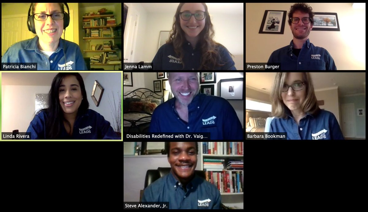 CUNYDisability's tweet photo. Team #CUNYLEADS stayed on after last night’s LEADS Connect: Support & Resources event to get a snapshot in our matching shirts! We answered a lot of @CUNY student questions about remote employment opportunities and self-care during #COVID__19 #CUNYDisabilityAwareness https://t.co/wrEx0On6sD