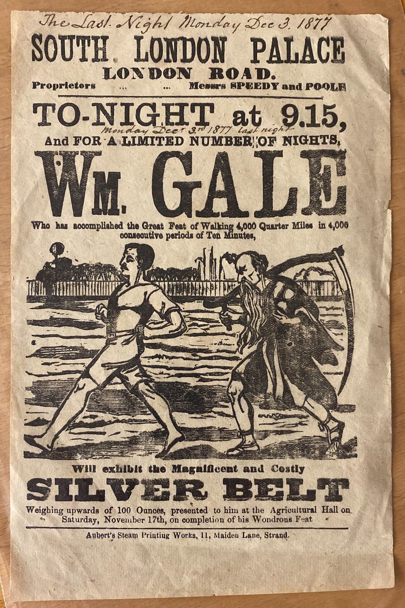 SwkHeritage's tweet photo. For all you fans of Mr Charles Keeble, the ‘renowned pedestrian’, we’ve discovered he had a rival!
William Gale's walking feats earned him a run at the South London Palace, captured for posterity in our poster and playbill collection.
#ArchivesExercise
#ArchivesAtHome https://t.co/IBnQybivVk