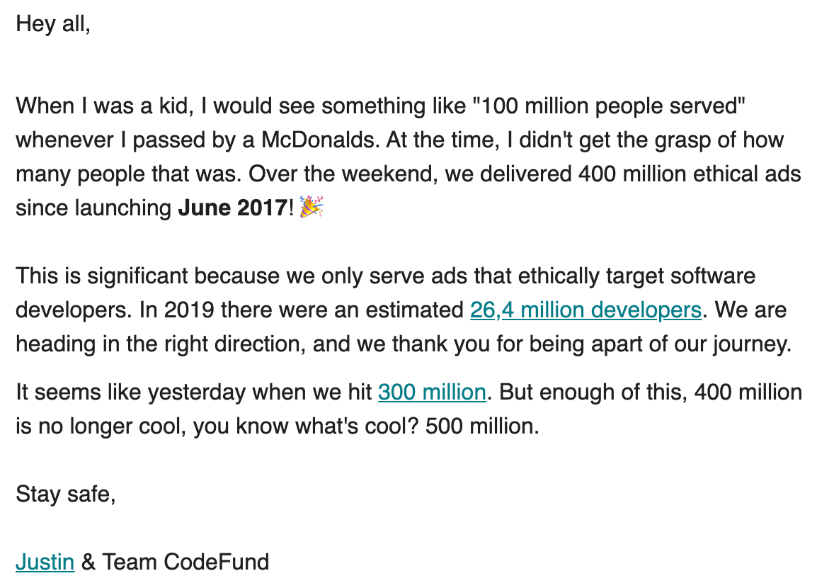 codefundio's tweet image. 📢 Last weekend we served 400 Million Ethical Ads since launching in June 2017!
via CodeFund Weekly, Issue #63: j.mp/2KUtIUR