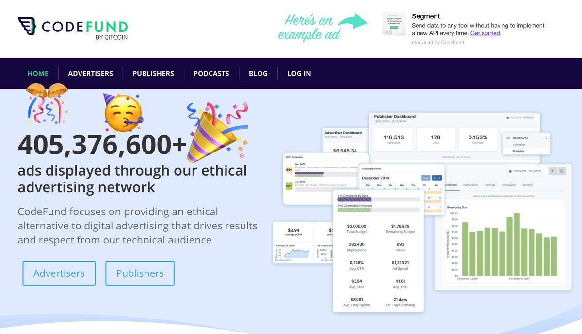 codefundio's tweet image. 📢 Last weekend we served 400 Million Ethical Ads since launching in June 2017!
via CodeFund Weekly, Issue #63: j.mp/2KUtIUR