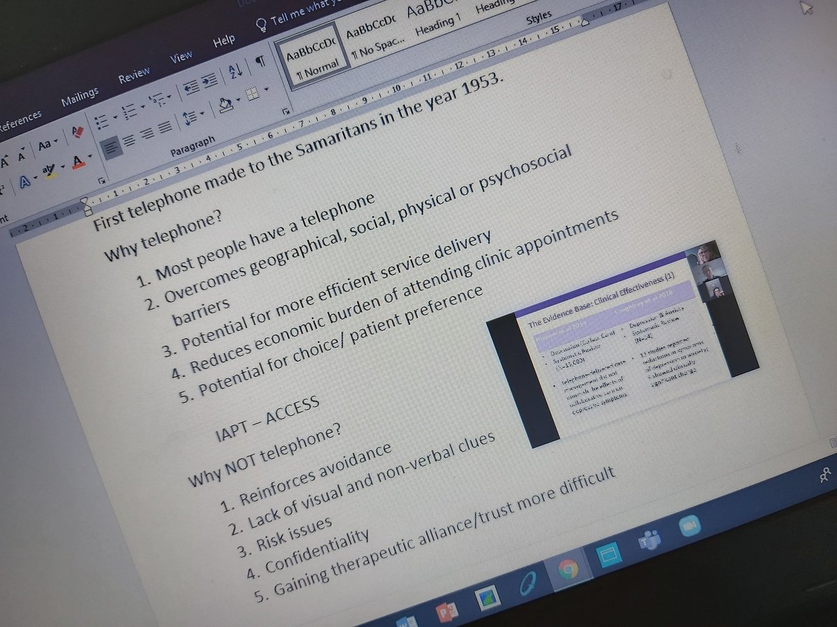 Catherineb07's tweet photo. A really useful learning webinar from @OfficialUoM on #remotetherapy. Research into clinical effectiveness of telephone-base care management by @karina_lovell.
#hudsonetal #coughtryetal #telephonetherapy as not second best but improving access for some. #iapt. https://t.co/KLLW1pzTkZ