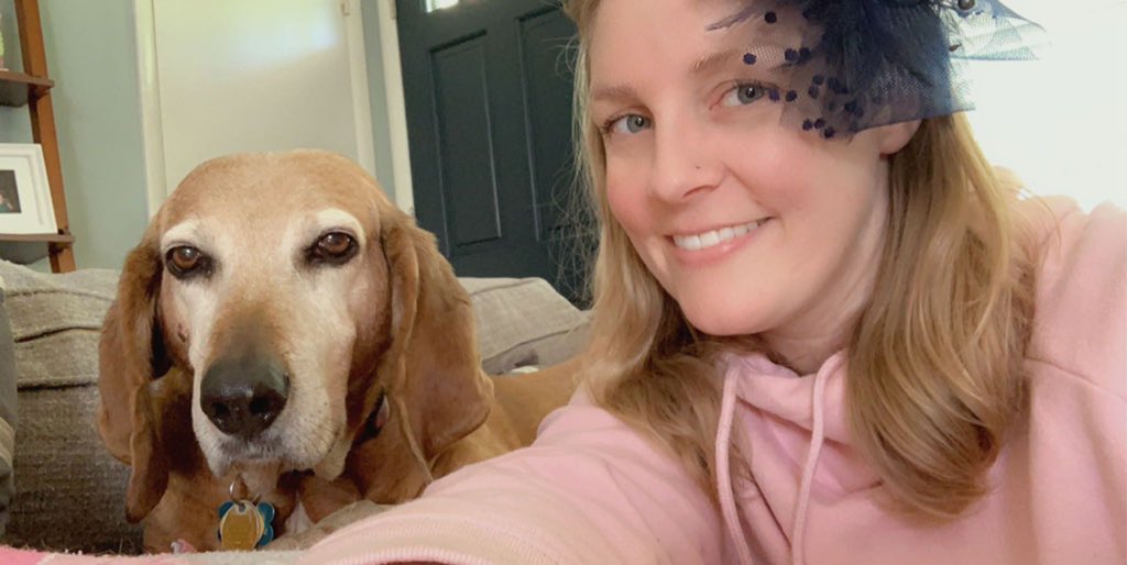 Pink Out for <a href="/MeyzeekMiddle/">@MeyzeekMiddle</a> #virtualspiritday Not the #Oaks outfit I had planned, but at least I still have my fascinator! <a href="/counselorGoins/">Dana Goins, NBCT</a> @tracy_percival @YSCBAKER #HealthyAtHome 🐶🌷🐎💞