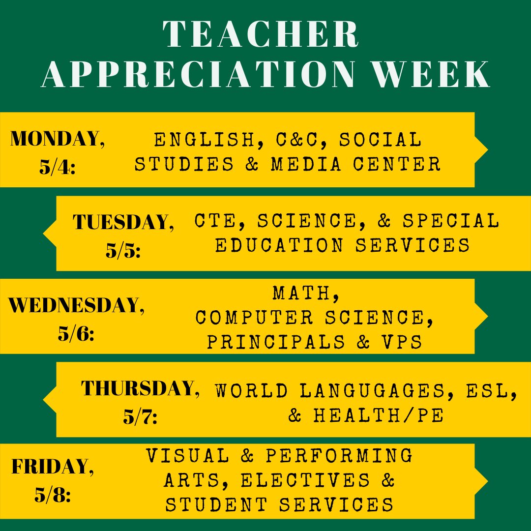 EnloePtsa's tweet photo. Next week (May 4-8) let’s show our teachers the love! Use this calendar to show your appreciation to your favorite teachers. Send a remind, post on social, email them, do a call out in class...whatever you do, just make sure you say THANK YOU! https://t.co/8tvTetIQl3