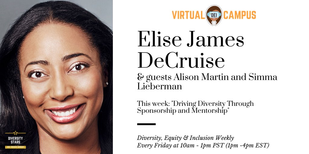 Join us at the Virtual DE&amp;I Campus at 10am PST for a raw and authentic talk on, Driving Diversity Through Sponsorship and Mentorship". Download the campus app here: virbela.com/install?id=div…
<a href="/theinclusionist/">Simma Lieberman</a> @amartinbooks <a href="/AthletesWork/">Elise James DeCruise</a>