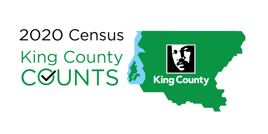 The phrase "2020 Census, King County Counts" with a depiction of King County's geographic outline overlaid with the King County Dr. Martin Luther King Jr. logo.