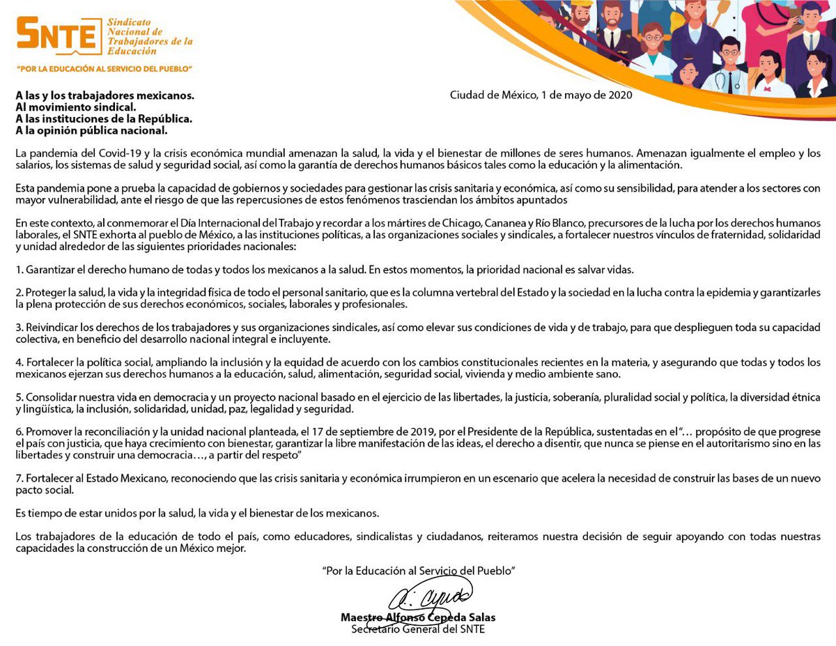 FJARREDONDO1's tweet photo. A las y los Trabajadores Mexicanos.
Al Movimiento Sindical.
A las Instituciones de la República.
A la opinión pública nacional.
#UnidosParaTrascender @SNTE54mx @SnteNacional @raylagarda #SoySNTE https://t.co/tnhKXjxtHm