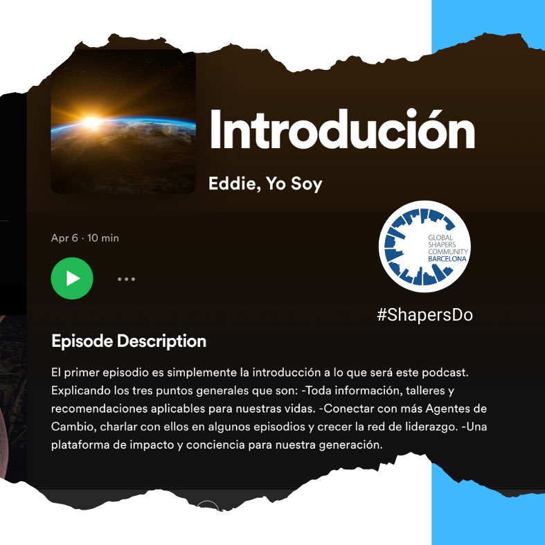 Desde #globalshapersbcn hemos decidido compartir algunas de las iniciativas personales de nuestros Shapers. Aquí va la primera! “Eddie, Yo Soy”, un #podcast de Eduardo. #crecimientopersonal #impactopositivo #Barcelona #ShapersDo
open.spotify.com/episode/0yuLIn…