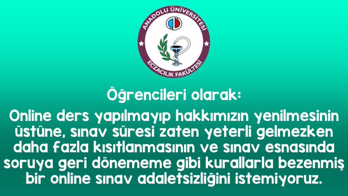 larmagdur's tweet photo. #anadolueczacılıkmağdur  Sınavlarımız adaletli olmalı. Süreleri kısaltıp her şeyi zorlaştırıyorsunuz. 
@ProfDrComakli
 
@Anadolu_Univ
 
@fatihportakal
 #anadolueczacılıkmağdur
@yekta_sarac
 
@AbbasGucluTR https://t.co/UbQETuDYaI