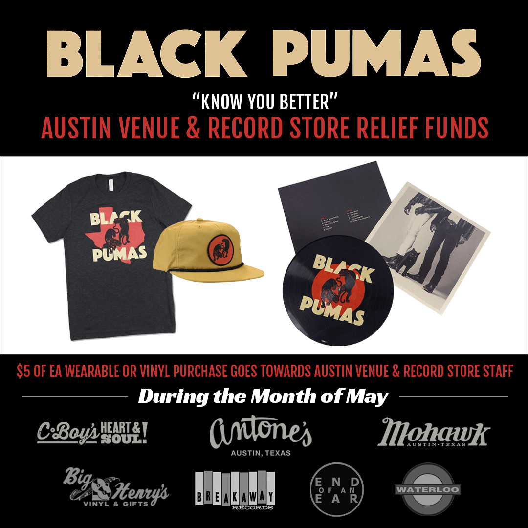 BlackPumasMusic's tweet photo. #PumaPack - we wanted to put together a couple fundraisers to help out the Austin venues and record stores who have supported us from the beginning and have helped Austin to get to know us better. https://t.co/yILMm0juvl