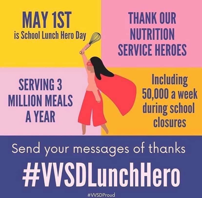 VVSDNutrition's tweet photo. Happy #SchoolLunchHeroDay @VVSDNutrition #vvsdlunchhero team members!!  You are AMAZING!!!  Thank you for all you do for our @VVSD365U students, staff and parents each school day and each week during this #pandemic.  #vvsdproud #thankahungerhero #allinIL https://t.co/3qs4PleiXW