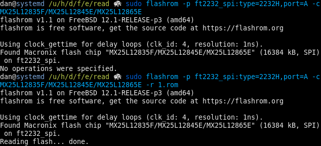 OrangeCMS's tweet photo. Interesting: With the #CH341A, on #FreeBSD, I can detect chips through #flashrom, but reading fails. With the #FT2232H, the chip is not detected, but when I pass it explicitly, reading works well, and I get the same file as on #Linux. :) #hardware #SPI #flash #firmware #hacking https://t.co/EyUnazQ0YZ