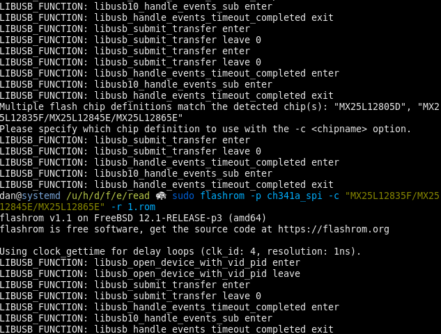 OrangeCMS's tweet photo. Interesting: With the #CH341A, on #FreeBSD, I can detect chips through #flashrom, but reading fails. With the #FT2232H, the chip is not detected, but when I pass it explicitly, reading works well, and I get the same file as on #Linux. :) #hardware #SPI #flash #firmware #hacking https://t.co/EyUnazQ0YZ
