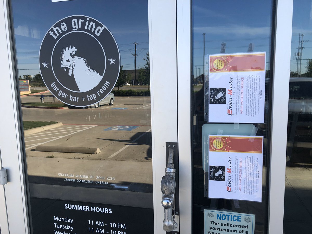 DFWEnviroMaster's tweet photo. It’s always great partnering with locally owned restaurants to protect the #healthandsafety of their team and customers! #EnviroMasterDFW is proud to partner with The Grind Burger Bar! #VirusVaporizer #GermBusters launched!

#killingCOVID19 #killingCoronavirus https://t.co/WXSVWDoyBM