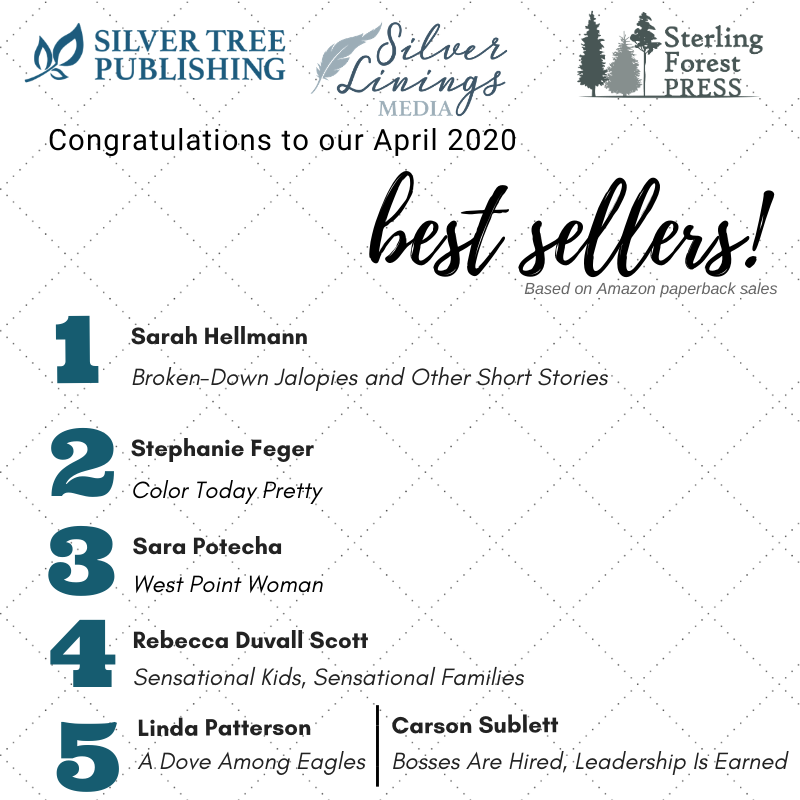 SilverTreePub's tweet photo. Congrats to our April '20 bestselling authors: @ArtForAllPeople, @color2daypretty, @sarapotecha, #RebeccaDuvallScott, @carsonsublett1 &amp; #LindaPatterson! During the pandemic, you may be over busy or utterly bored (or a little of both). These books can help you through it. #Amazon https://t.co/LHkO7Ff3yP