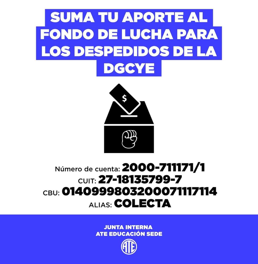 JuntaSede's tweet photo. Súma tu colaboración al fondo de lucha  para nuestra compañeros despedidos de la DGC y E 
#NingunTrabajadorEnLaCalle
#NingunDespidoEnLaDGCyE
#NingunDespedidoEnVialidad
@Kicillofok  @BAProvincia @TrabajoPBA @oscardeisasi https://t.co/w6RXRtLPQw