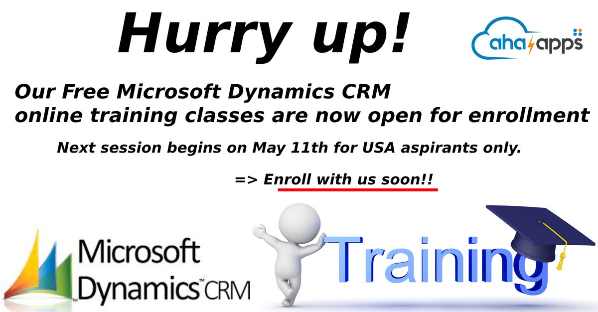 AhaApps's tweet image. Hurry up! Our Free Microsoft Dynamics CRM online training classes are now open for enrollment. Next session begins on May 11th for the US aspirants only.
Enroll with us soon~ahaapps.com/dynamics-crm-t…

#dynamicscrmtraining #dynamicscrm #learning #training #onlinetraining #ahaapps
