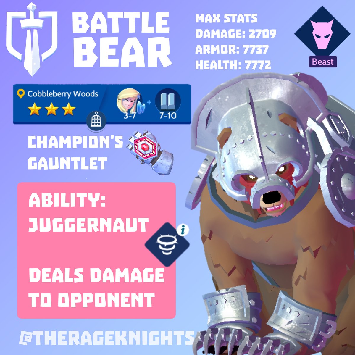 therageknights's tweet photo. MinionDex #4: Battle Bear is vulnerable to burn and weaken, and resistant to poison. A good choise for early game because it's very tanky.
@KnighthoodGame @MidokiGames #jointheknighthood #midoki #miniondex https://t.co/zE3oLKFyU9