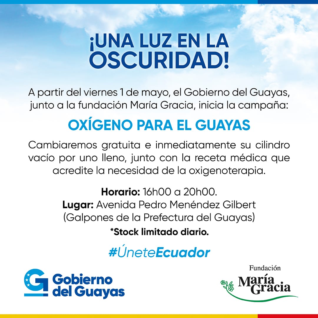 Hoy iniciamos la campaña #OxígenoParaGuayas, con el apoyo de la <a href="/FundMariaGracia/">Fund. Maria Gracia</a>.
¡#Guayas, no estás solo!

#GuayasUnido
#ÚneteEcuador