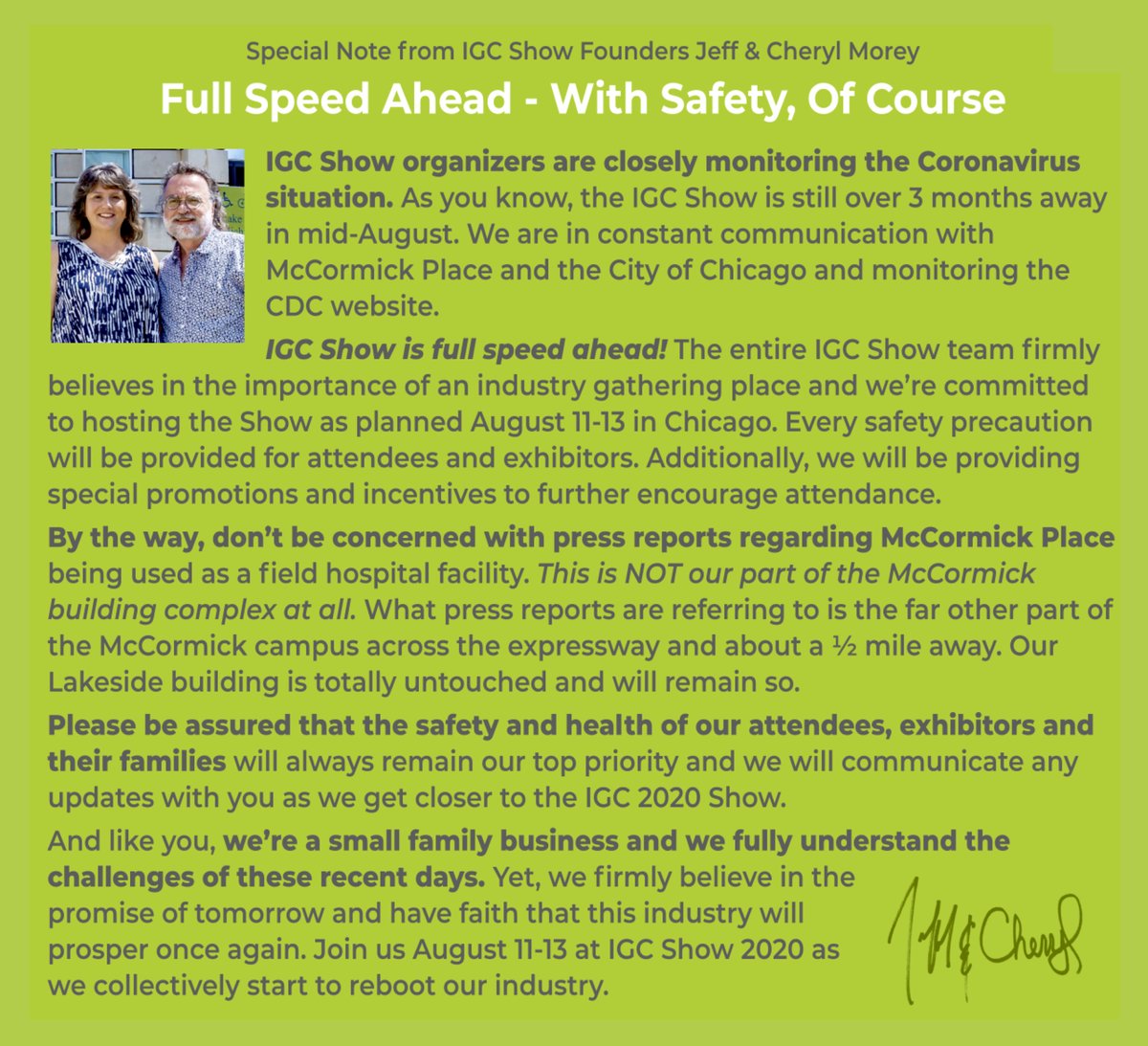 IGCShow's tweet photo. These have been challenging times for all of us. And entire IGC Show team firmly believes in the importance of an industry gathering place, and we are committed to hosting the show as planned in Chicago on August 11-13. ⁣Together, we are #IGCStrong!⁣
#IGCShow https://t.co/TNXLbi9cLu