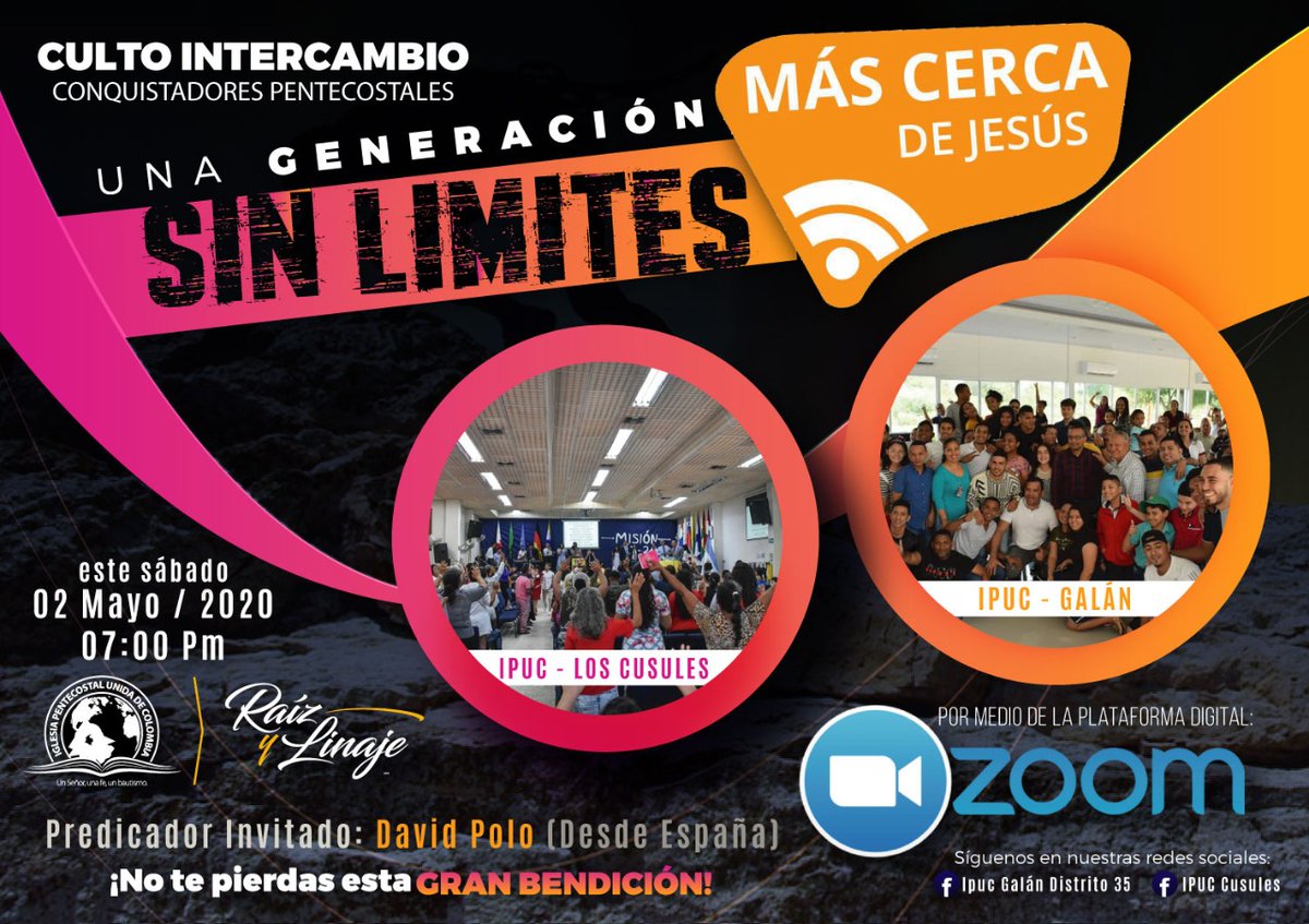 ipucusules's tweet photo. :::CULTO DE INTERCAMBIO:::

...UNA GENERACIÓN SIN LÍMITES MÁS CERCA DE JESÚS...

Conquistadores Pentecostales IPUC CUSULES-IPUC GALÁN D 35.

Transmisión por Facebook Live
IPUC CUSULES &amp; IPUC GALÁN DISTRITO 35
Predicador invitado: David Polo desde España
Sábado 2 de mayo
7:00 pm https://t.co/ZXWMfXH9y6