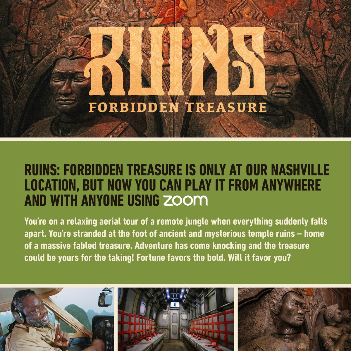 TEG_PigeonForge's tweet photo. [TWO MORE SPOTS OPEN TODAY] Our newest game, Ruins: Forbidden Treasure is now available as a live, remote adventure! Play from anywhere using Zoom. Feeling heroic today? Book now at https://t.co/IYRVYyhZWA https://t.co/D5L2VxpKLG