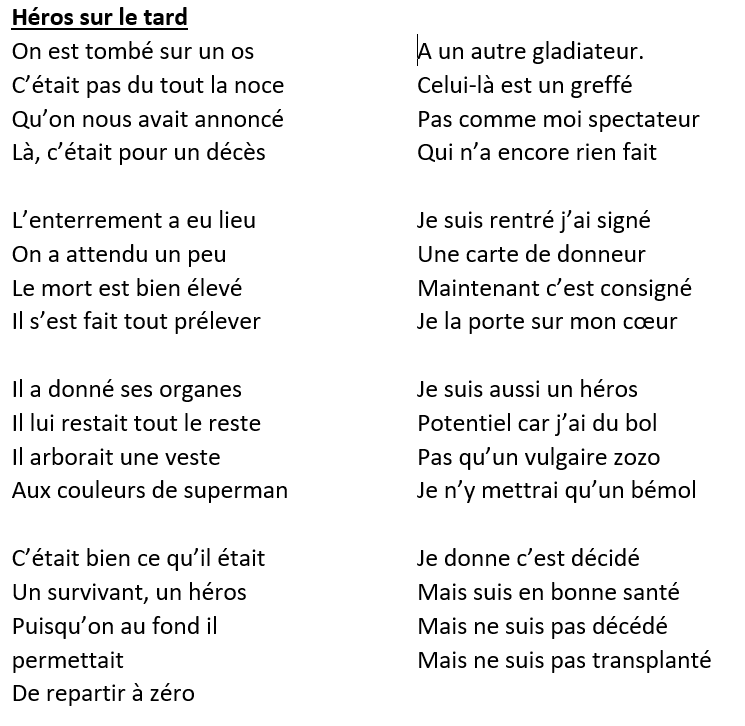 Voici un nouveau poème "Héros sur le tard" pour le concours littéraire Trans-Forme « Chacun a un super pouvoir, celui de sauver des vies ». Merci à vous tous!
#CDC2020
#dondorganes
#sap4all
#courseducoeur
#sapducoeur
#chacunaunsuperpouvoir
<a href="/Sapducoeur/">SAP du ❤</a>
 <a href="/aymerichamac/">Aymerichamac</a>
 <a href="/ocoustere/">olivier coustere</a>