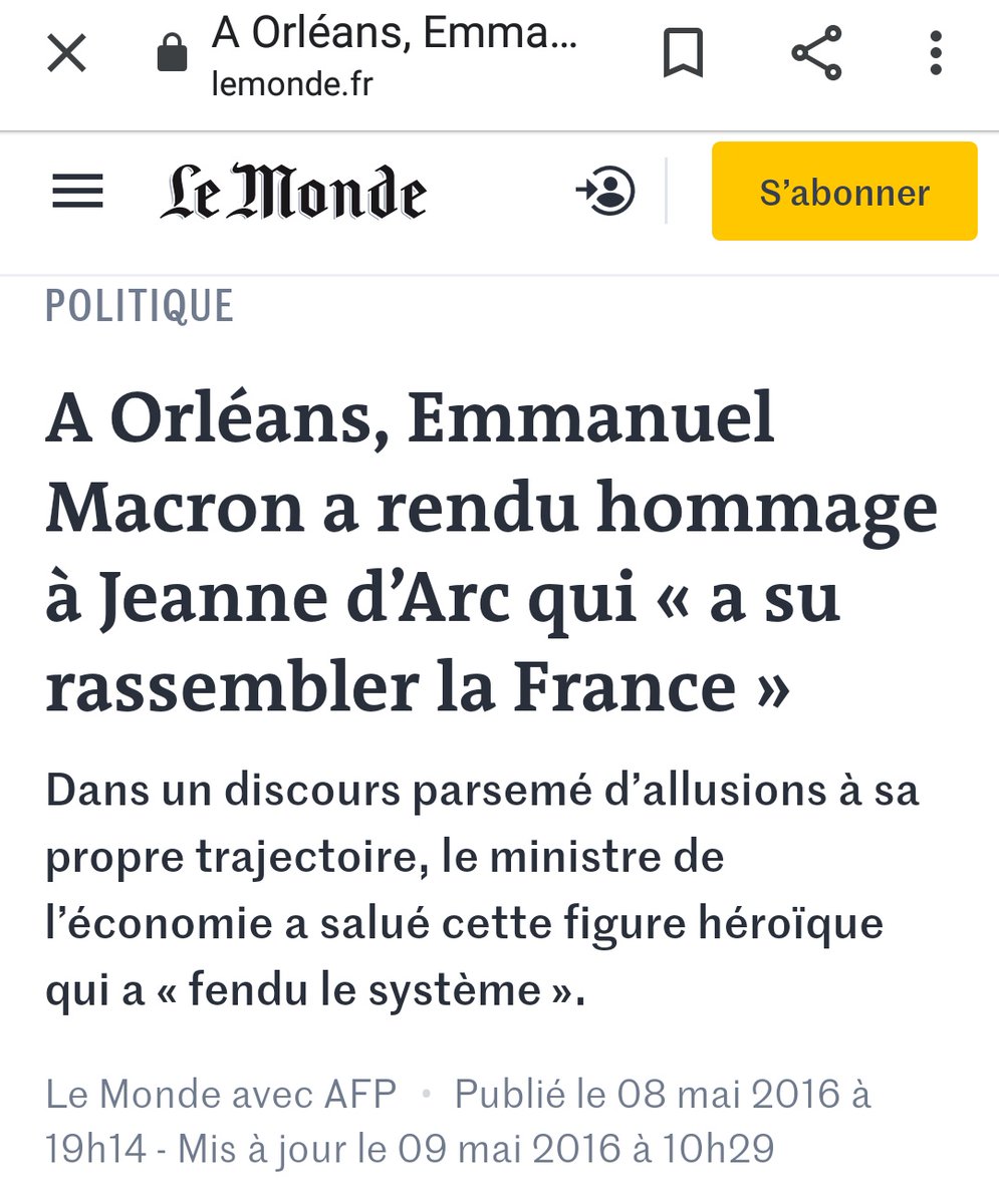 Les origines même de la construction du personnage Macron, s'annonçaient comme gigantesque un appel du pied au FN.Le 8 mai 2016, à Orléans, Macron rend hommage à Jeanne d'Arc après LePen, dans un discours rempli d'allusions personnelles. 67/ https://www.lemonde.fr/politique/article/2016/05/08/a-orleans-emmanuel-macron-a-rendu-hommage-a-jeanne-d-arc-qui-a-su-rassembler-la-france_4915603_823448.html