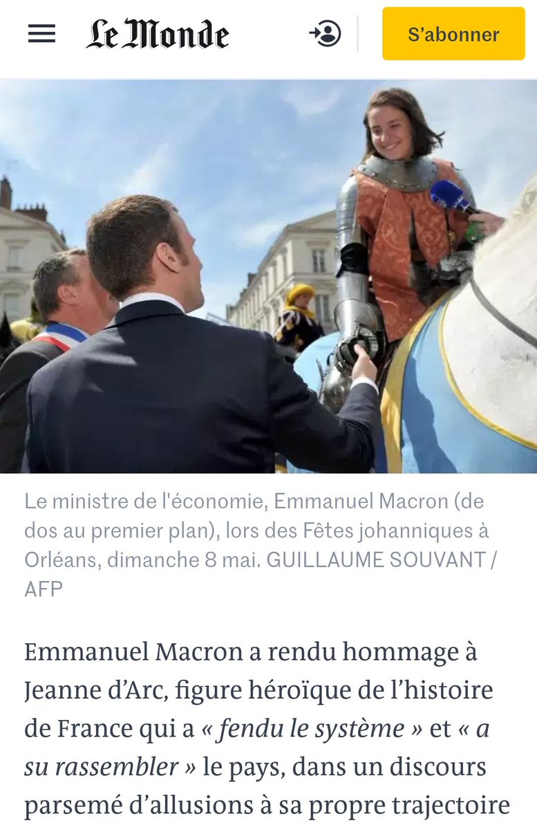 Les origines même de la construction du personnage Macron, s'annonçaient comme gigantesque un appel du pied au FN.Le 8 mai 2016, à Orléans, Macron rend hommage à Jeanne d'Arc après LePen, dans un discours rempli d'allusions personnelles. 67/ https://www.lemonde.fr/politique/article/2016/05/08/a-orleans-emmanuel-macron-a-rendu-hommage-a-jeanne-d-arc-qui-a-su-rassembler-la-france_4915603_823448.html