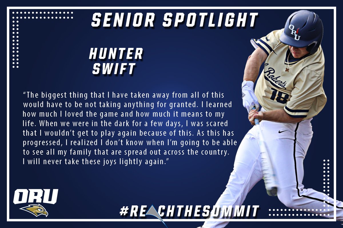 TheSummitLeague's tweet image. 💡 Senior Spotlight: No. 25 💡

&quot;Be better.&quot; It&apos;s a motto Hunter Swift takes with him to the ball field every day, largely due to the chance a JUCO Coach took on an undersized kid from a big city. 

Find out more about ORU&apos;s two-way ⚾️ standout ↙️

📰- bit.ly/3bSNXyo