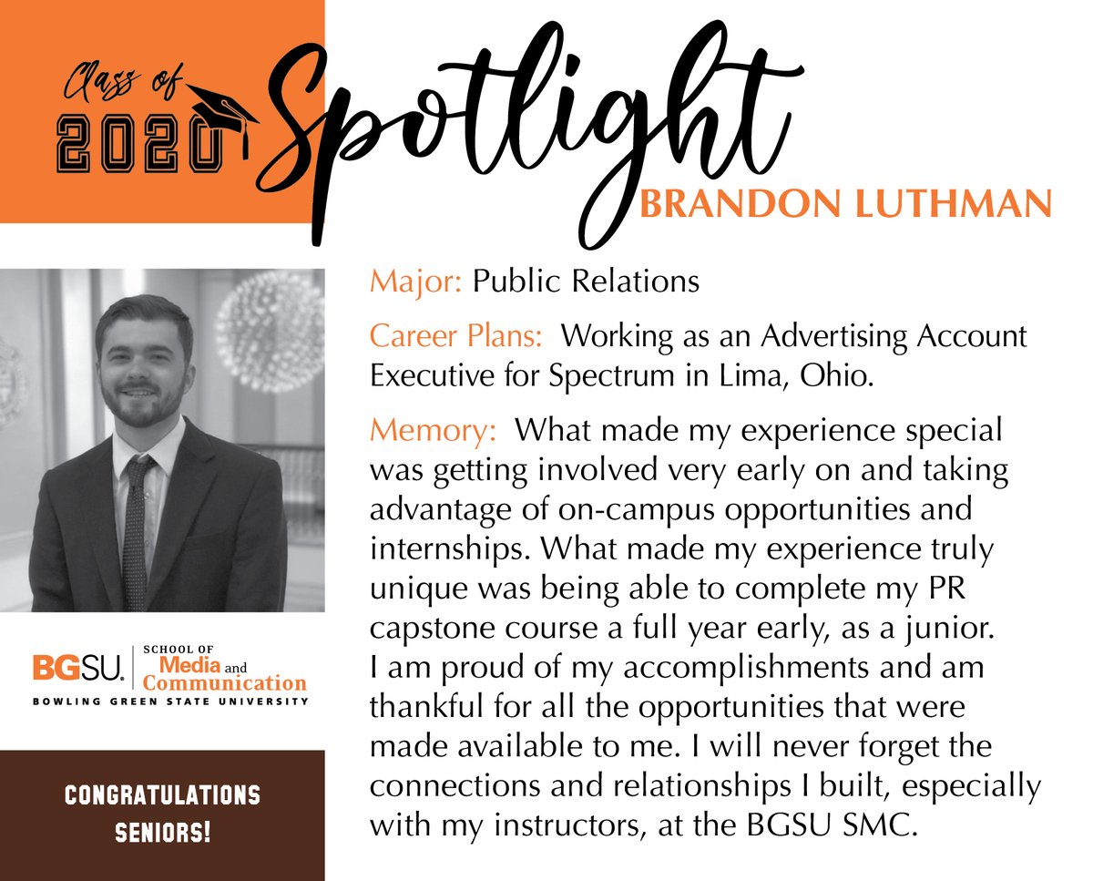 SMCBGSU's tweet photo. #BGSUSMC #GraduateSpotlight Brandon Luthman, "I will never forget the connections and relationships I built, especially with my instructors at the BGSU SMC." Congratulations, Brandon! https://t.co/YYFD7BCB7R