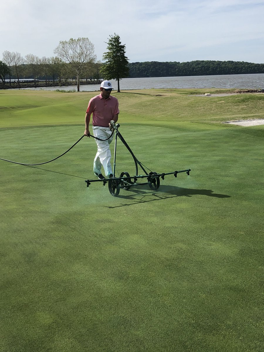 The rookie <a href="/C_Fischer_/">Caleb Fischer</a>  giving the greens a pick me up!! #fridaysprayday