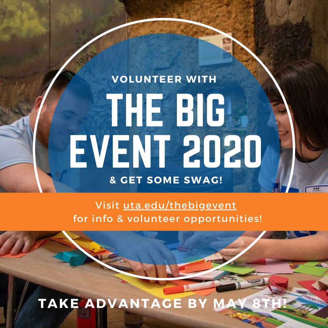 UTAbigevent's tweet photo. You can still participate in The Big Event! Check out our website to participate in volunteer opportunities you can do at home or while social distancing. Submit proof of volunteering and we’ll mail you a TBE 20th Anniversary shirt and giveaway items! https://t.co/oAudwX6z2p