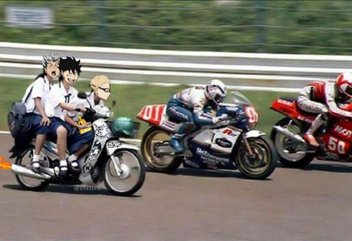 "คุโระ- คุุโระ!!! ท่อไฟลุก ไฟลุก !! จะไหม้กระโปรงฉันแล้ว อ้ากกกกกก !!!!!!!!"

"อะไรนะ ?! เสียงลมตี- ฉันไม่ได้ยินโว้ยยยยยย ! กำลังจะแซงได้แล้ว ! อึดหน่อยไอ้เจ๋งลูกพ่อ !! "

"พวกคุณสองคนช่วยเงียบหน่อยครับ ผมไม่มีสมาธิสวดมนต์"