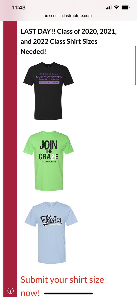 Scecina20's tweet photo. Seniors please log into canvas and submit your class shirt size to receive your senior class shirt!! https://t.co/KVCSehTvN6