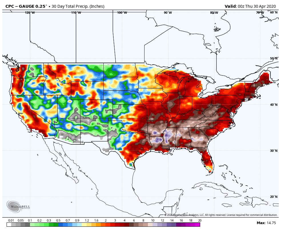 BeauDodson's tweet photo. #tristatewx #weather #impressive #cool #wxtwitter #weatherbell May 1, 2020.  I have concerns about the dry weather across much of the corn-belt.  Something to monitor moving forward. Here are the 30-day anomaly maps and precip totals. WeatherBell maps. https://t.co/nKCD9pzkjo